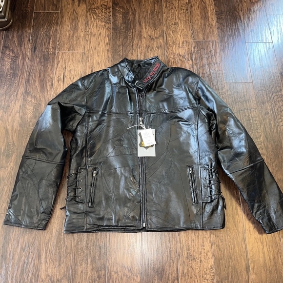 NWT Diamond Plate Buffalo Leather Biker Moto Jacket Black Patchwork - Picture 1 of 13